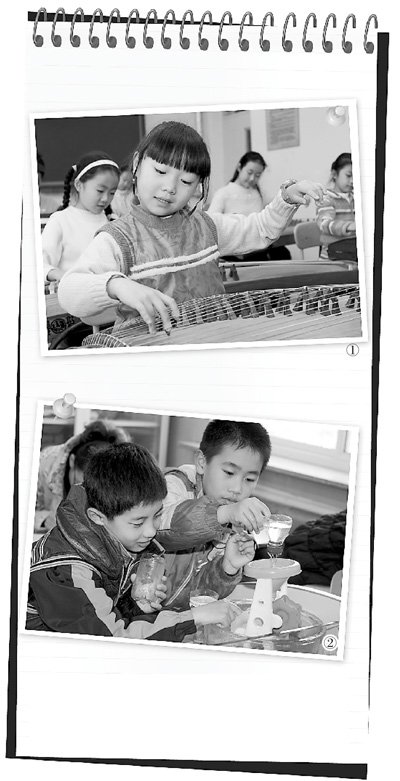 　圖1：鐵路五小古箏社團的孩子們正在演奏《高山流水》，圖2：科學課上，孩子們正在探索水的秘密。