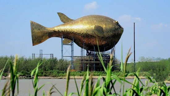 昨天，揚(yáng)中市西沙島，正在施工的河豚塔金光閃閃