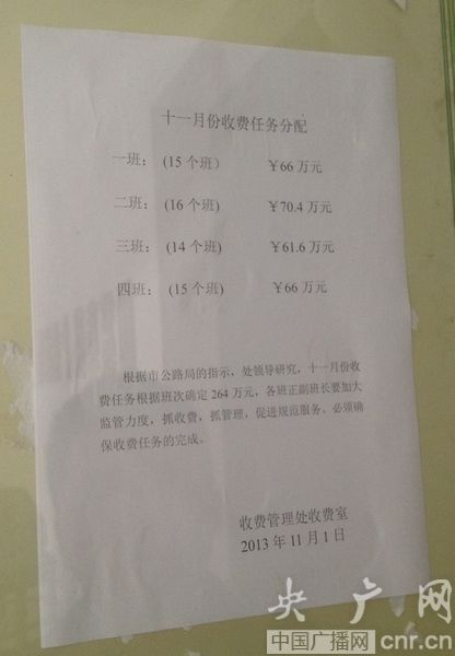 收費處辦公區(qū)張貼的收費任務(wù)分配表(央廣網(wǎng)記者 王利 攝)