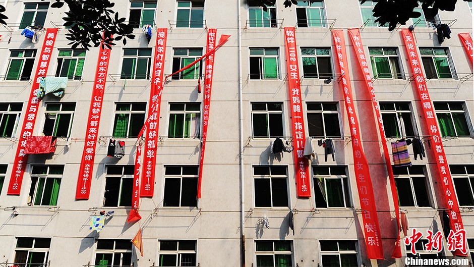 圖為男生宿舍掛起的二十多條橫幅。