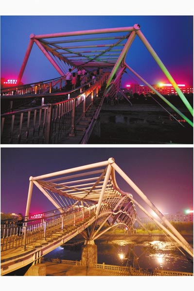 花園路西側(cè)東風(fēng)渠景觀橋，上圖攝于7月31日晚間，下圖攝于10月9日晚間。