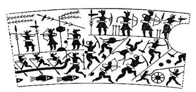 衛(wèi)輝市山彪鎮(zhèn)發(fā)掘出的戰(zhàn)國水陸攻戰(zhàn)紋銅鑒，上面有古人乘舟水戰(zhàn)的場面。